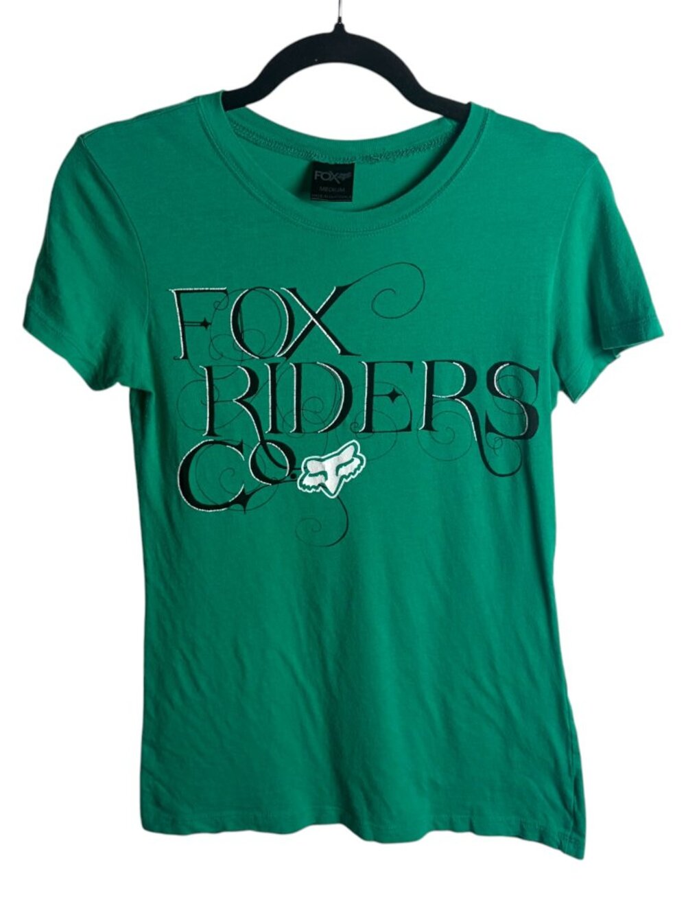 Fox Racing Women's Tee Shirt Size M Green Black Rider Co Graphic Logo Y2K Cotton